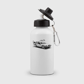 Бутылка спортивная с принтом DeLorean в Кировске, металл | емкость — 500 мл, в комплекте две пластиковые крышки и карабин для крепления | Тематика изображения на принте: автомобиль | делориан | машина | парковка | черно белый