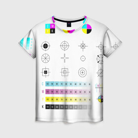 Женская футболка 3D с принтом CMYK в Кировске, 100% полиэфир ( синтетическое хлопкоподобное полотно) | прямой крой, круглый вырез горловины, длина до линии бедер | rgb | печать | подарок дизайнеру | полиграфия | помехи | принтер | тест