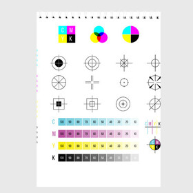 Скетчбук с принтом CMYK в Кировске, 100% бумага
 | 48 листов, плотность листов — 100 г/м2, плотность картонной обложки — 250 г/м2. Листы скреплены сверху удобной пружинной спиралью | Тематика изображения на принте: rgb | печать | подарок дизайнеру | полиграфия | помехи | принтер | тест