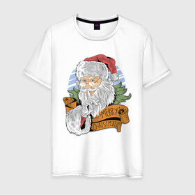 Мужская футболка хлопок с принтом Merry Christmas в Кировске, 100% хлопок | прямой крой, круглый вырез горловины, длина до линии бедер, слегка спущенное плечо. | cанта | дед мороз | иллюстрация | рождество | сочельник