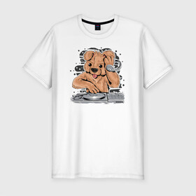 Мужская футболка хлопок Slim с принтом DJ Bear в Кировске, 92% хлопок, 8% лайкра | приталенный силуэт, круглый вырез ворота, длина до линии бедра, короткий рукав | Тематика изображения на принте: beer | вечеринка | диджей | животные | иллюстрация