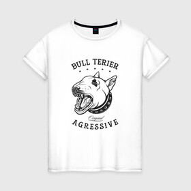 Женская футболка хлопок с принтом Агрессивный бультерьер в Кировске, 100% хлопок | прямой крой, круглый вырез горловины, длина до линии бедер, слегка спущенное плечо | cute | dog | woof | гав | забавный | кости | пес | собака