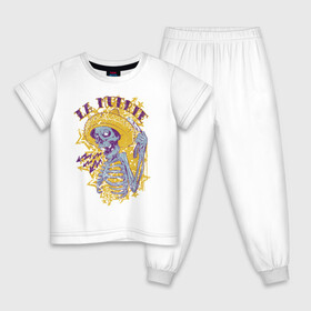 Детская пижама хлопок с принтом La Muerte в Кировске, 100% хлопок |  брюки и футболка прямого кроя, без карманов, на брюках мягкая резинка на поясе и по низу штанин
 | scull | иллюстрация | молнии | надпись | скелет