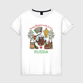 Женская футболка хлопок с принтом From Russia With Love в Кировске, 100% хлопок | прямой крой, круглый вырез горловины, длина до линии бедер, слегка спущенное плечо | балалайка | береза | иллюстрация | медведь | раша | самовар | собор | туризм