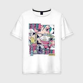 Женская футболка хлопок Oversize с принтом Vaporwave Anime Ramen Shop в Кировске, 100% хлопок | свободный крой, круглый ворот, спущенный рукав, длина до линии бедер
 | anime fan | art | japan | japanese | manga character | tokyo | анимация | анимешник | арт | кафе | комикс | комиксы | магазин | манга | отрисовка | паровая волна | пародия | персонаж аниме | прикол | рамен