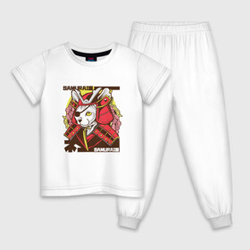 Детская пижама хлопок с принтом Японский кот самурай в Кировске, 100% хлопок |  брюки и футболка прямого кроя, без карманов, на брюках мягкая резинка на поясе и по низу штанин
 | art | cat | cyberpunk samurai | ninja | oni | ronin | samurai | shogun | yakuza | арт | воин | воитель | киберпанк самурай | кошка | мерч | прикол | путь воина | путь война | ронин | сёгун | сепукку | токио | харакири | черный самурай