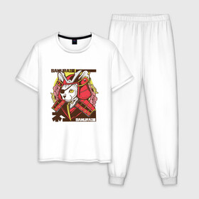 Мужская пижама хлопок с принтом Японский кот самурай в Кировске, 100% хлопок | брюки и футболка прямого кроя, без карманов, на брюках мягкая резинка на поясе и по низу штанин
 | art | cat | cyberpunk samurai | ninja | oni | ronin | samurai | shogun | yakuza | арт | воин | воитель | киберпанк самурай | кошка | мерч | прикол | путь воина | путь война | ронин | сёгун | сепукку | токио | харакири | черный самурай
