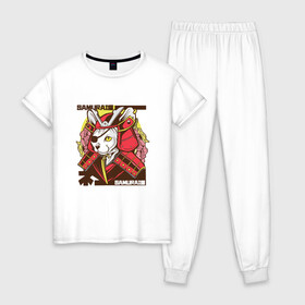 Женская пижама хлопок с принтом Японский кот самурай в Кировске, 100% хлопок | брюки и футболка прямого кроя, без карманов, на брюках мягкая резинка на поясе и по низу штанин | art | cat | cyberpunk samurai | ninja | oni | ronin | samurai | shogun | yakuza | арт | воин | воитель | киберпанк самурай | кошка | мерч | прикол | путь воина | путь война | ронин | сёгун | сепукку | токио | харакири | черный самурай