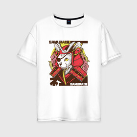 Женская футболка хлопок Oversize с принтом Японский кот самурай в Кировске, 100% хлопок | свободный крой, круглый ворот, спущенный рукав, длина до линии бедер
 | Тематика изображения на принте: art | cat | cyberpunk samurai | ninja | oni | ronin | samurai | shogun | yakuza | арт | воин | воитель | киберпанк самурай | кошка | мерч | прикол | путь воина | путь война | ронин | сёгун | сепукку | токио | харакири | черный самурай