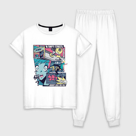 Женская пижама хлопок с принтом Vaporwave Anime Skater Boy в Кировске, 100% хлопок | брюки и футболка прямого кроя, без карманов, на брюках мягкая резинка на поясе и по низу штанин | anime fan | art | fail | japan | japanese | manga character | tokyo | анимация | анимешник | арт | арты | комикс | комиксы | манга | отрисовка | паровая волна | пародия | персонаж аниме | рисунок в стиле аниме | скейтер | токио