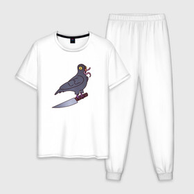 Мужская пижама хлопок с принтом Опасный голубь в Кировске, 100% хлопок | брюки и футболка прямого кроя, без карманов, на брюках мягкая резинка на поясе и по низу штанин
 | голубь | крылья | нож | перья | полёт | птица | червяк