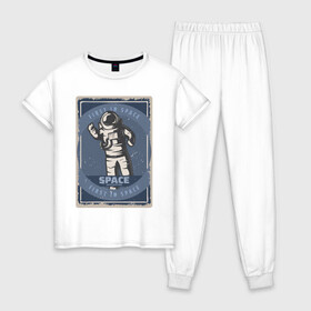 Женская пижама хлопок с принтом First In Space в Кировске, 100% хлопок | брюки и футболка прямого кроя, без карманов, на брюках мягкая резинка на поясе и по низу штанин | art | first | астронавт | галактика | иллюстрация