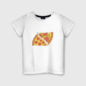 Детская футболка хлопок с принтом Два кусочка пиццы  в Кировске, 100% хлопок | круглый вырез горловины, полуприлегающий силуэт, длина до линии бедер | chees | cheesy | fast food | fastfood | food | love | margarita | pepperoni | pizza | pizza lover | pizza margherita | slice | two pizza slices | базилик | колбаса | колбаска | люблю пиццу | любовь | маргарита | овощи | пепперони | помидоры | сыр | тянущи