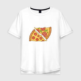 Мужская футболка хлопок Oversize с принтом Два кусочка пиццы  в Кировске, 100% хлопок | свободный крой, круглый ворот, “спинка” длиннее передней части | chees | cheesy | fast food | fastfood | food | love | margarita | pepperoni | pizza | pizza lover | pizza margherita | slice | two pizza slices | базилик | колбаса | колбаска | люблю пиццу | любовь | маргарита | овощи | пепперони | помидоры | сыр | тянущи