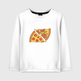 Детский лонгслив хлопок с принтом Два кусочка пиццы  в Кировске, 100% хлопок | круглый вырез горловины, полуприлегающий силуэт, длина до линии бедер | chees | cheesy | fast food | fastfood | food | love | margarita | pepperoni | pizza | pizza lover | pizza margherita | slice | two pizza slices | базилик | колбаса | колбаска | люблю пиццу | любовь | маргарита | овощи | пепперони | помидоры | сыр | тянущи