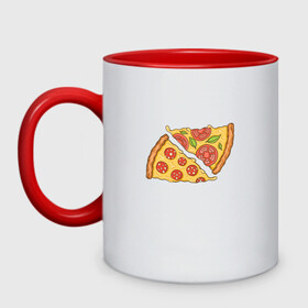 Кружка двухцветная с принтом Два кусочка пиццы  в Кировске, керамика | объем — 330 мл, диаметр — 80 мм. Цветная ручка и кайма сверху, в некоторых цветах — вся внутренняя часть | Тематика изображения на принте: chees | cheesy | fast food | fastfood | food | love | margarita | pepperoni | pizza | pizza lover | pizza margherita | slice | two pizza slices | базилик | колбаса | колбаска | люблю пиццу | любовь | маргарита | овощи | пепперони | помидоры | сыр | тянущи