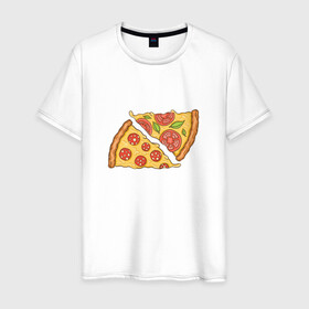 Мужская футболка хлопок с принтом Два кусочка пиццы  в Кировске, 100% хлопок | прямой крой, круглый вырез горловины, длина до линии бедер, слегка спущенное плечо. | chees | cheesy | fast food | fastfood | food | love | margarita | pepperoni | pizza | pizza lover | pizza margherita | slice | two pizza slices | базилик | колбаса | колбаска | люблю пиццу | любовь | маргарита | овощи | пепперони | помидоры | сыр | тянущи