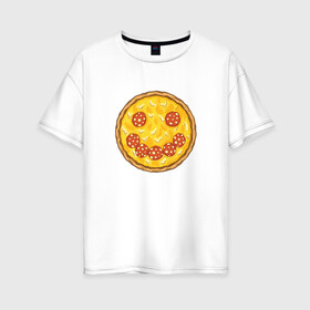 Женская футболка хлопок Oversize с принтом Пицца в виде смайлика | Smile  в Кировске, 100% хлопок | свободный крой, круглый ворот, спущенный рукав, длина до линии бедер
 | chees | cheesy | fast food | fastfood | food | love | margarita | pepperoni | pizza | pizza lover | pizza margherita | базилик | колбаса | колбаска | люблю пиццу | любовь | маргарита | овощи | пепперони | помидоры | смайл | смайлик | сыр