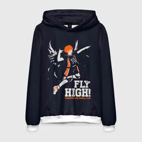 Мужская толстовка 3D с принтом fly high! Шоё Хината Haikyuu!! в Кировске, 100% полиэстер | двухслойный капюшон со шнурком для регулировки, мягкие манжеты на рукавах и по низу толстовки, спереди карман-кенгуру с мягким внутренним слоем. | 10 номер | anime | haikyu | haikyuu | hinata shoyo | karasuno | manga | аниме | волейбол | волейбольный клуб | иероглифы | карасуно | лети высоко | лого | манга | надпись | прыжок | старшая школа | хаику | хаикую