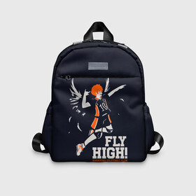 Детский рюкзак 3D с принтом fly high! Шоё Хината Haikyuu!! в Кировске, 100% полиэстер | лямки с регулируемой длиной, сверху петелька, чтобы рюкзак можно было повесить на вешалку. Основное отделение закрывается на молнию, как и внешний карман. Внутри дополнительный карман. По бокам два дополнительных кармашка | Тематика изображения на принте: 10 номер | anime | haikyu | haikyuu | hinata shoyo | karasuno | manga | аниме | волейбол | волейбольный клуб | иероглифы | карасуно | лети высоко | лого | манга | надпись | прыжок | старшая школа | хаику | хаикую