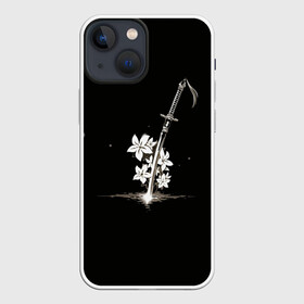 Чехол для iPhone 13 mini с принтом Nier   Sword and Flowers в Кировске,  |  | Тематика изображения на принте: 2b | 2б | 9s | automata | flowers | japan | nier | nier automata | nier replicant | replicant | samurai | sword | автомата | белый меч | катана | меч | найнэс | нир | нир автомата | репликант | самурай | самурайский | туби | цветы | япония |