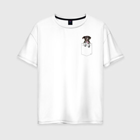 Женская футболка хлопок Oversize с принтом PocketPuppy#2 в Кировске, 100% хлопок | свободный крой, круглый ворот, спущенный рукав, длина до линии бедер
 | cute | dog | puppy | карман | милый | мопс | собака | щенок