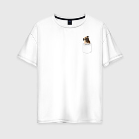 Женская футболка хлопок Oversize с принтом PocketPuppy#3 в Кировске, 100% хлопок | свободный крой, круглый ворот, спущенный рукав, длина до линии бедер
 | cute | dog | puppy | карман | милый | мопс | собака | щенок