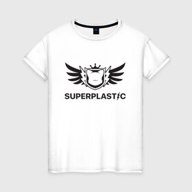 Женская футболка хлопок с принтом Super Plastic в Кировске, 100% хлопок | прямой крой, круглый вырез горловины, длина до линии бедер, слегка спущенное плечо | guggimon | superplastic | игрушки | иллюстрация | логотип