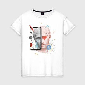 Женская футболка хлопок с принтом Ренессанс  в Кировске, 100% хлопок | прямой крой, круглый вырез горловины, длина до линии бедер, слегка спущенное плечо | голова | лайк | микеланджело | ренессанс | селфи | сердце | слезы | статуя | телефон | фото