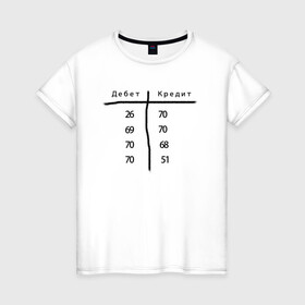 Женская футболка хлопок с принтом Дебет кредит в Кировске, 100% хлопок | прямой крой, круглый вырез горловины, длина до линии бедер, слегка спущенное плечо | бухгалтер | бухгалтерия | бухгалтерский | дебет | зарплата | кредит | начисление | проводки
