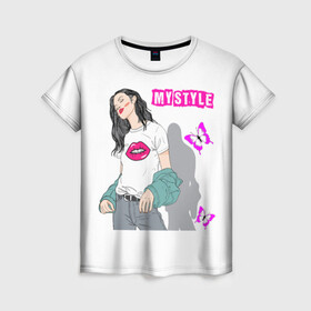 Женская футболка 3D с принтом Мой стиль в Кировске, 100% полиэфир ( синтетическое хлопкоподобное полотно) | прямой крой, круглый вырез горловины, длина до линии бедер | бабочки | губы | девушка | иностранные | красотка | мода | надписи | поцелуй | слова | стиль