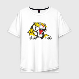 Мужская футболка хлопок Oversize с принтом Тигр в Кировске, 100% хлопок | свободный крой, круглый ворот, “спинка” длиннее передней части | дыра | дырка | крупная кошка | разрывает | тигр | тигрица