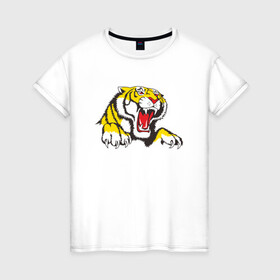 Женская футболка хлопок с принтом Тигр в Кировске, 100% хлопок | прямой крой, круглый вырез горловины, длина до линии бедер, слегка спущенное плечо | дыра | дырка | крупная кошка | разрывает | тигр | тигрица