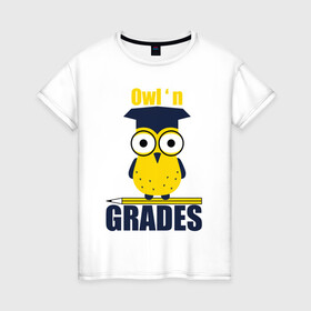 Женская футболка хлопок с принтом Owl Grades в Кировске, 100% хлопок | прямой крой, круглый вырез горловины, длина до линии бедер, слегка спущенное плечо | арт | иллюстрация | карандаш | сова | студент