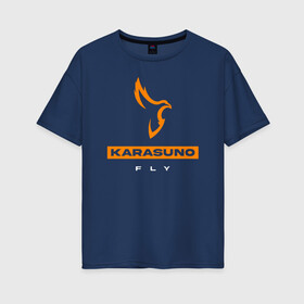 Женская футболка хлопок Oversize с принтом KARASUNO лого Haikyu!! в Кировске, 100% хлопок | свободный крой, круглый ворот, спущенный рукав, длина до линии бедер
 | anime | haikyu | haikyuu | karasuno | karasuno high | manga | аниме | волейбол | волейбольный клуб | ворон | вороны | карасуно | крылья | лого | манга | надпись | перо | птица | старшая школа | хаику | хаикую