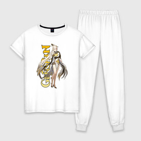 Женская пижама хлопок с принтом GENSHIN IMPACT (Ningguang) в Кировске, 100% хлопок | брюки и футболка прямого кроя, без карманов, на брюках мягкая резинка на поясе и по низу штанин | anime | game | genshin | genshin impact | impact | аниме | игра | нин гуан