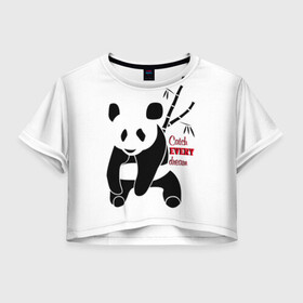 Женская футболка Crop-top 3D с принтом Панда и сон в Кировске, 100% полиэстер | круглая горловина, длина футболки до линии талии, рукава с отворотами | животные | звери | лень | медведь | отдых | панда | природа | сон | усталость