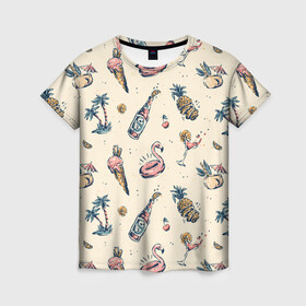 Женская футболка 3D с принтом Винтажный Гавайский Рисунок в Кировске, 100% полиэфир ( синтетическое хлопкоподобное полотно) | прямой крой, круглый вырез горловины, длина до линии бедер | america | hawaian | hawaii | ice cream | lime | palms | pattern | pink flamingo | retro | summer | united states | usa | vintage | ананас | винтаж | вишня | коктейль | лайм | мороженое | надувной круг | остров | пальмы | паттерн | ретро | розовый ф