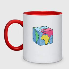 Кружка двухцветная с принтом Квадратный глобус земли в Кировске, керамика | объем — 330 мл, диаметр — 80 мм. Цветная ручка и кайма сверху, в некоторых цветах — вся внутренняя часть | Тематика изображения на принте: art | cube | cubic | earth | europe | funny | globe | globus | humor | illustration | map | south america | америка | арт | африка | евразия | европа | земля | иллюстрация | карта | континенты | кубизм | кубическая карта | планета | прикол