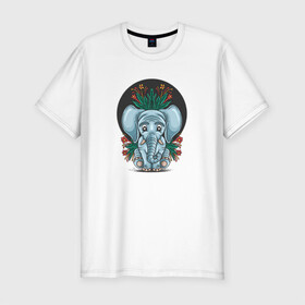 Мужская футболка хлопок Slim с принтом Слон и цветы в Кировске, 92% хлопок, 8% лайкра | приталенный силуэт, круглый вырез ворота, длина до линии бедра, короткий рукав | cute | elephant | животное | милый | слон | слоненок | слоник | цветы