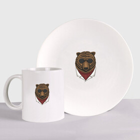 Набор: тарелка + кружка с принтом Крутой Медведь в очках в Кировске, керамика | Кружка: объем — 330 мл, диаметр — 80 мм. Принт наносится на бока кружки, можно сделать два разных изображения. 
Тарелка: диаметр - 210 мм, диаметр для нанесения принта - 120 мм. | bear | grizzly | kuma | гриззли | гризли | грозный | крутой | медведь | медвежонок | мишка