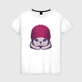 Женская футболка хлопок с принтом Котик в шапке в Кировске, 100% хлопок | прямой крой, круглый вырез горловины, длина до линии бедер, слегка спущенное плечо | cat | kawaii | kitten | kitty | pussycat | в шапке | кот | котенок | котик | кошачьи | кошка | милый