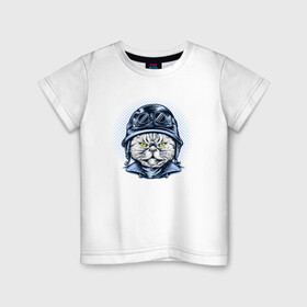 Детская футболка хлопок с принтом Кот в шлеме в Кировске, 100% хлопок | круглый вырез горловины, полуприлегающий силуэт, длина до линии бедер | cat | kawaii | kitten | kitty | pussycat | кот | котенок | котик | кошачьи | кошка | милый