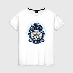 Женская футболка хлопок с принтом Кот в шлеме в Кировске, 100% хлопок | прямой крой, круглый вырез горловины, длина до линии бедер, слегка спущенное плечо | cat | kawaii | kitten | kitty | pussycat | кот | котенок | котик | кошачьи | кошка | милый