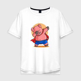 Мужская футболка хлопок Oversize с принтом Свинка супермен даббинг в Кировске, 100% хлопок | свободный крой, круглый ворот, “спинка” длиннее передней части | dab | pig | даб | даббинг | животное | свинка | свинья | супермен | хрюша | хрюшка