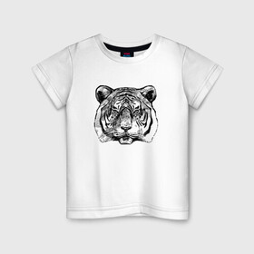 Детская футболка хлопок с принтом Тигр голова в Кировске, 100% хлопок | круглый вырез горловины, полуприлегающий силуэт, длина до линии бедер | tiger | голова | животное | клыки | кот | кошка | тигр | черный