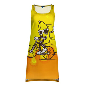 Платье-майка 3D с принтом Банан на велосипеде в Кировске, 100% полиэстер | полуприлегающий силуэт, широкие бретели, круглый вырез горловины, удлиненный подол сзади. | байк | банан | бананчик | велик | велосипед | живой банан | спорт