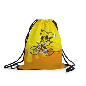 Рюкзак-мешок 3D с принтом Банан на велосипеде в Кировске, 100% полиэстер | плотность ткани — 200 г/м2, размер — 35 х 45 см; лямки — толстые шнурки, застежка на шнуровке, без карманов и подкладки | байк | банан | бананчик | велик | велосипед | живой банан | спорт