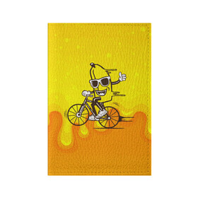 Обложка для паспорта матовая кожа с принтом Банан на велосипеде в Кировске, натуральная матовая кожа | размер 19,3 х 13,7 см; прозрачные пластиковые крепления | байк | банан | бананчик | велик | велосипед | живой банан | спорт