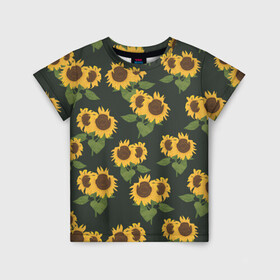 Детская футболка 3D с принтом Подсолнухи в Кировске, 100% гипоаллергенный полиэфир | прямой крой, круглый вырез горловины, длина до линии бедер, чуть спущенное плечо, ткань немного тянется | Тематика изображения на принте: лето | паттерн | подсолнухи | семечки | солнце | цветок солнце | цветы